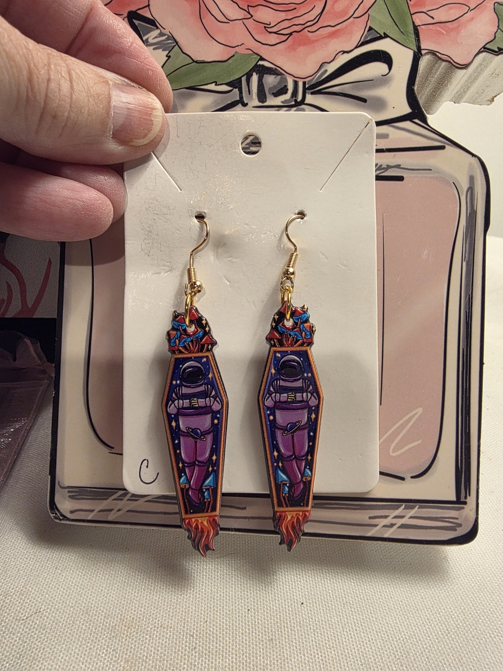 Purple Astronaut Coffin Dangle Earrings